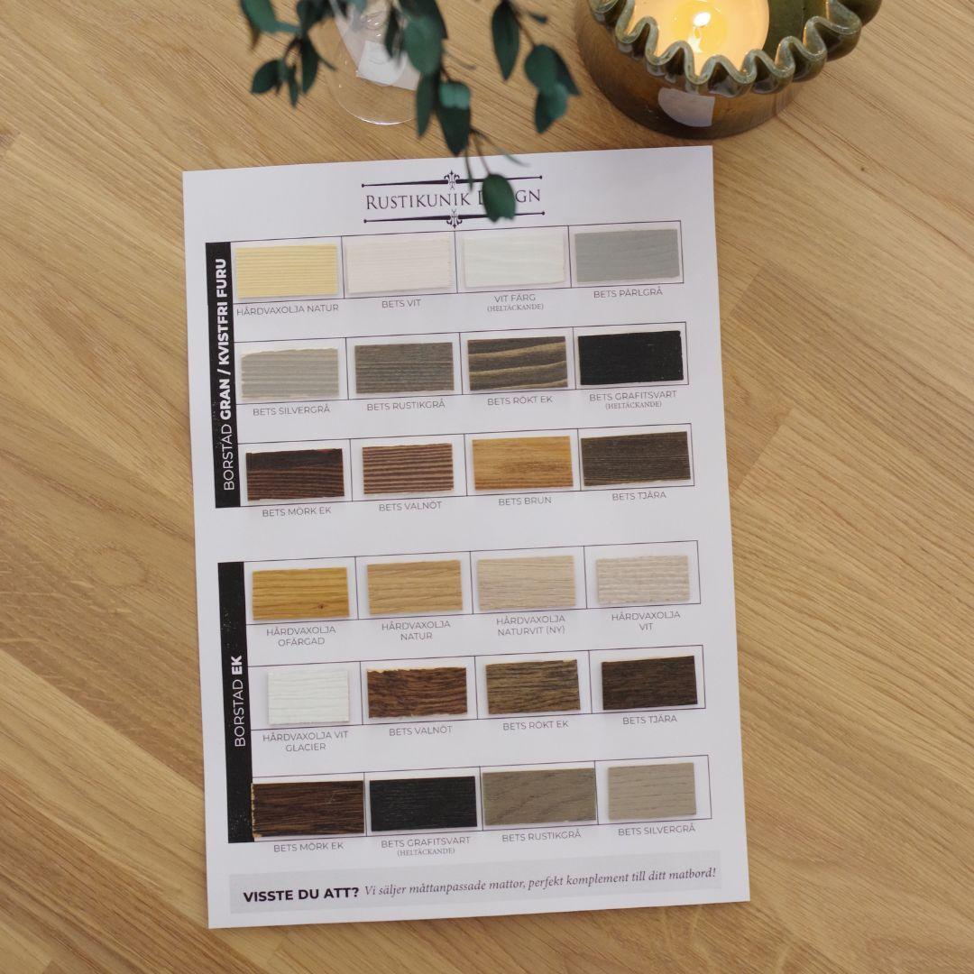 Kulörprov med alla träslag och kulörer